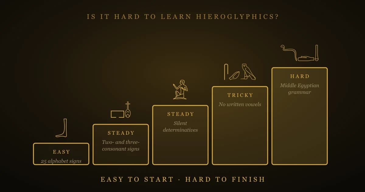A staircase of five steps showing how hard it is to learn hieroglyphics: alphabet signs (easy), two- and three-consonant signs, determinatives, no written vowels, and Middle Egyptian grammar (hard)