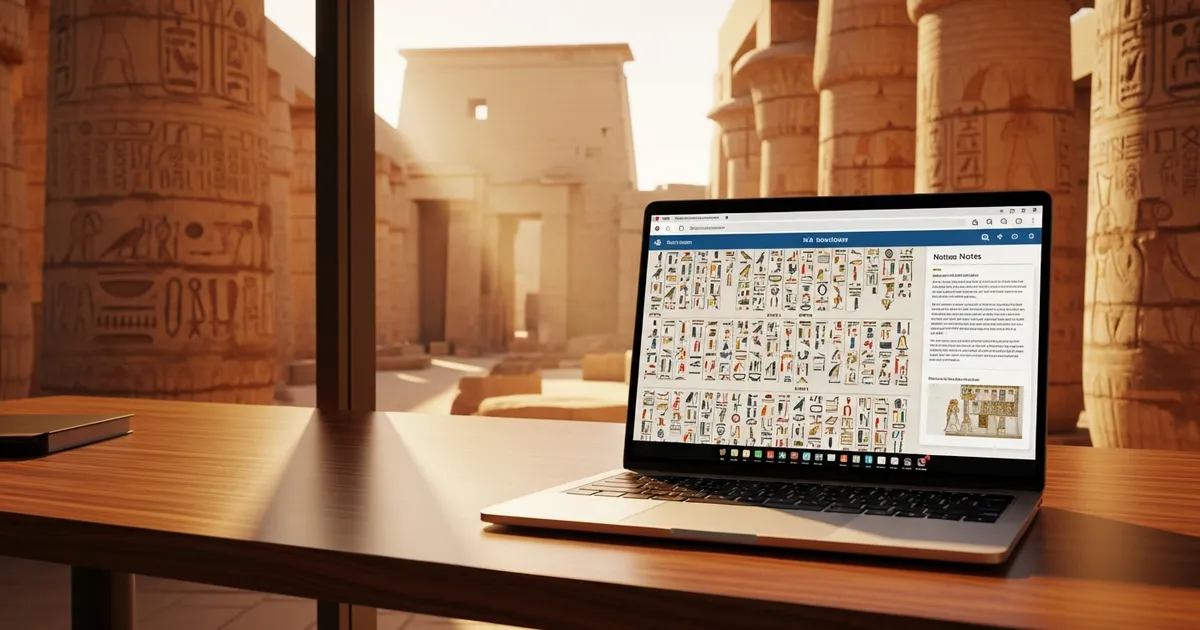 Laptop screen showing hieroglyphic lessons with ancient Egyptian temple imagery in the background