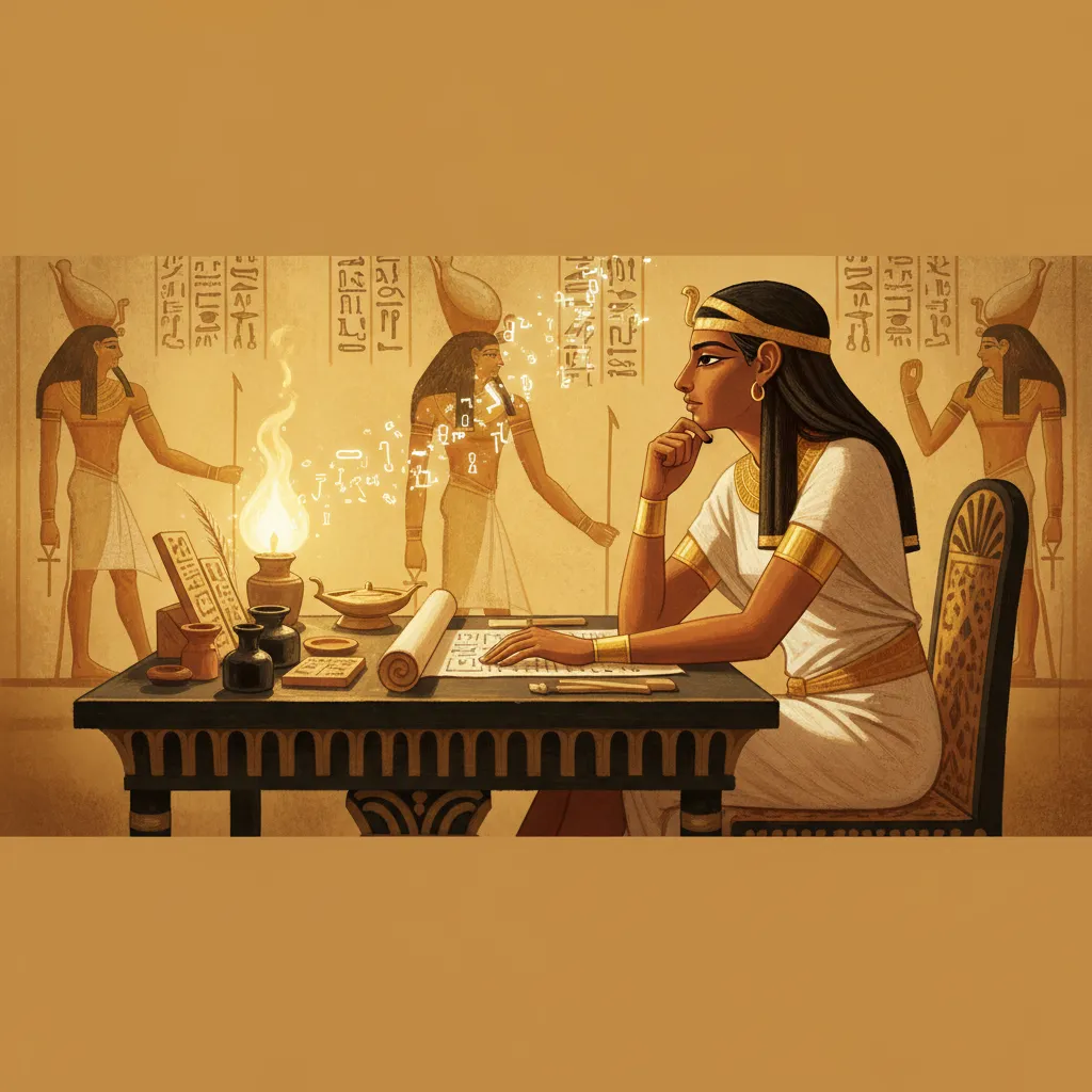 Person studying ancient Egyptian hieroglyphics at a desk with glowing symbols and temple wall paintings