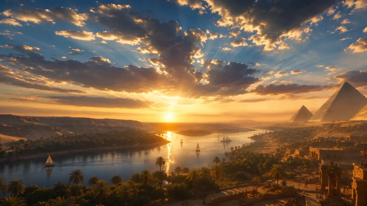 Sunset over the Nile with sailing boats, palm groves and the pyramids of Giza on the horizon