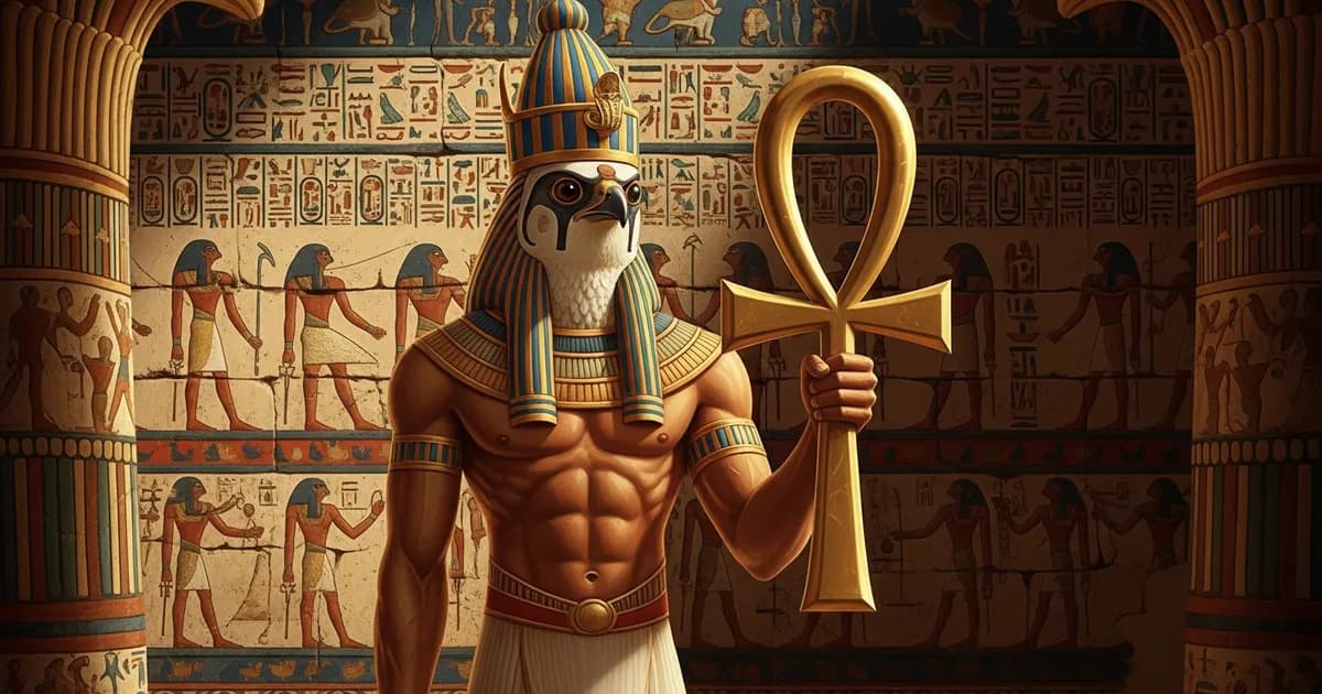Golden ankh symbol held by an ancient Egyptian deity in a painted temple scene with hieroglyphic inscriptions