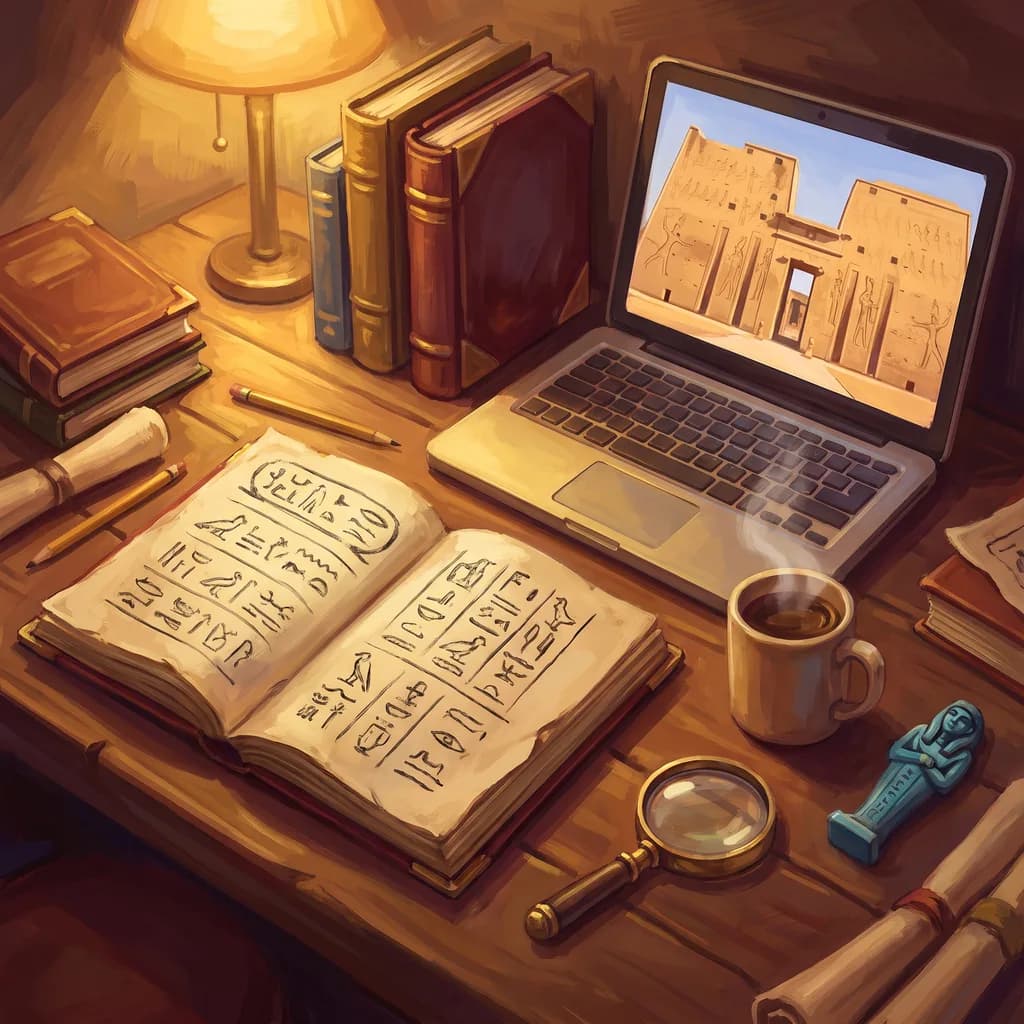 A study desk with a notebook of hand-drawn hieroglyphs, a laptop showing a carved temple wall, a stack of textbooks and a magnifying glass
