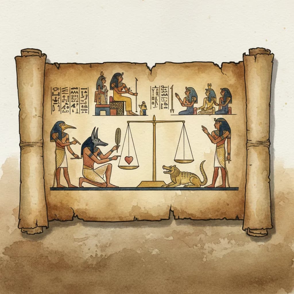 Egyptian Book of the Dead papyrus showing the weighing of the heart ceremony with hieroglyphic spells