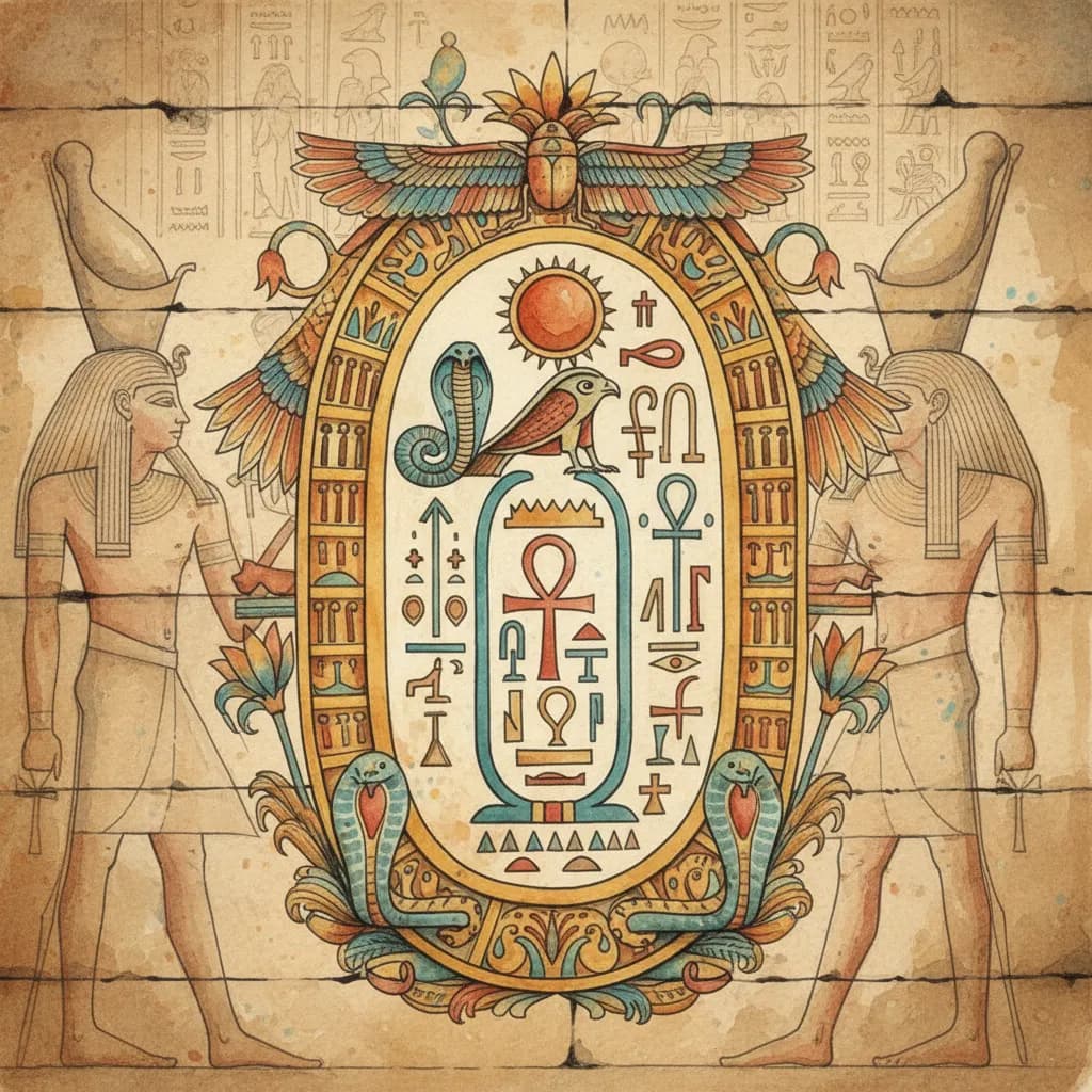 Ancient Egyptian cartouche containing hieroglyphic symbols spelling a pharaoh's royal name