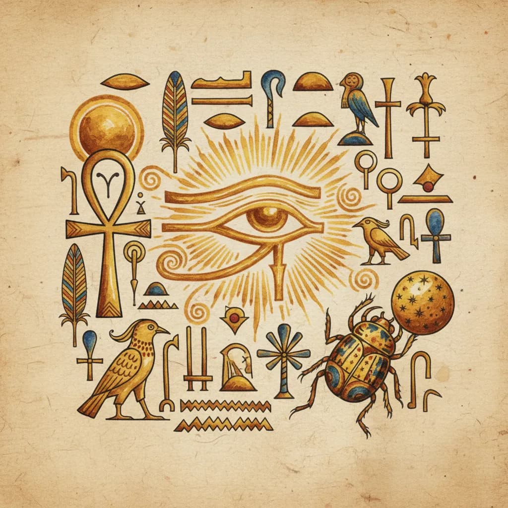 Five famous Egyptian hieroglyphics symbols including the ankh, Eye of Horus, scarab beetle, djed pillar, and sun disc