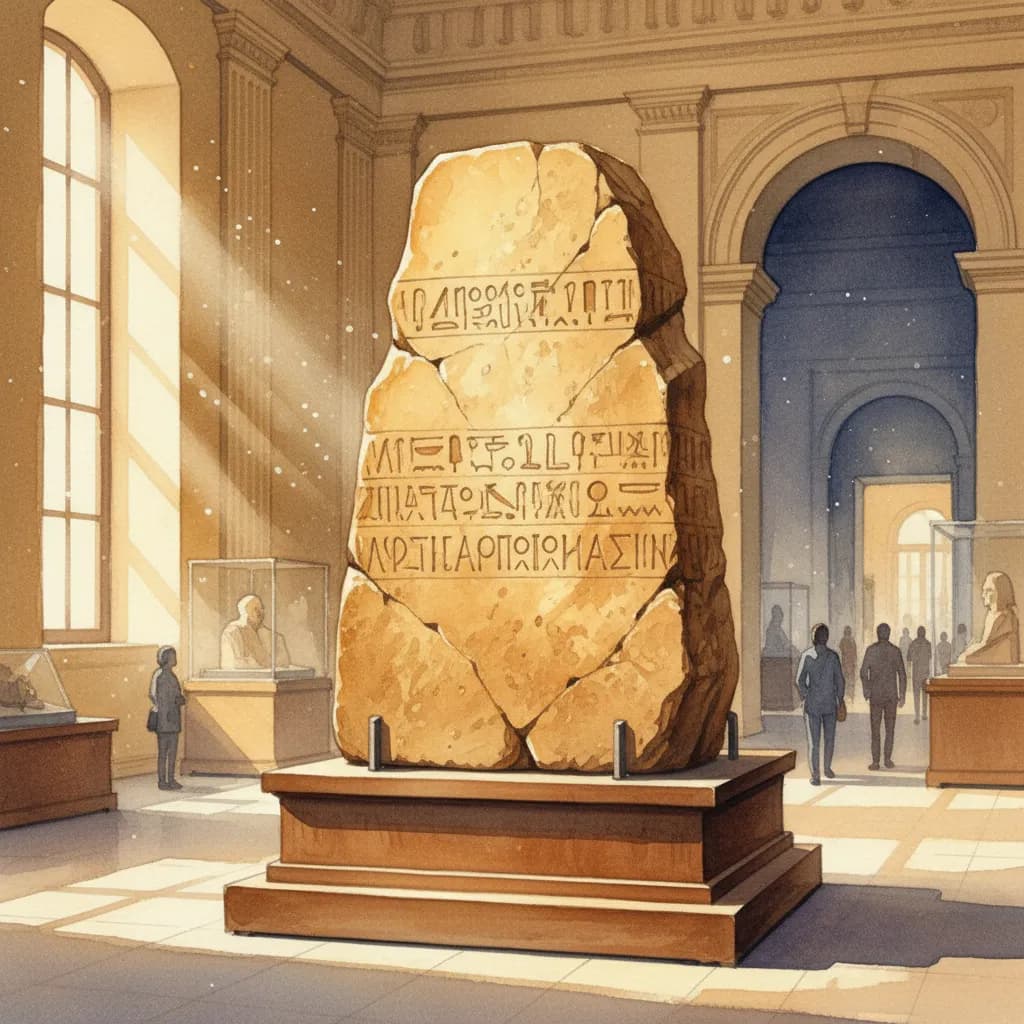 The Rosetta Stone showing ancient Egyptian hieroglyphics, Demotic script, and Greek text