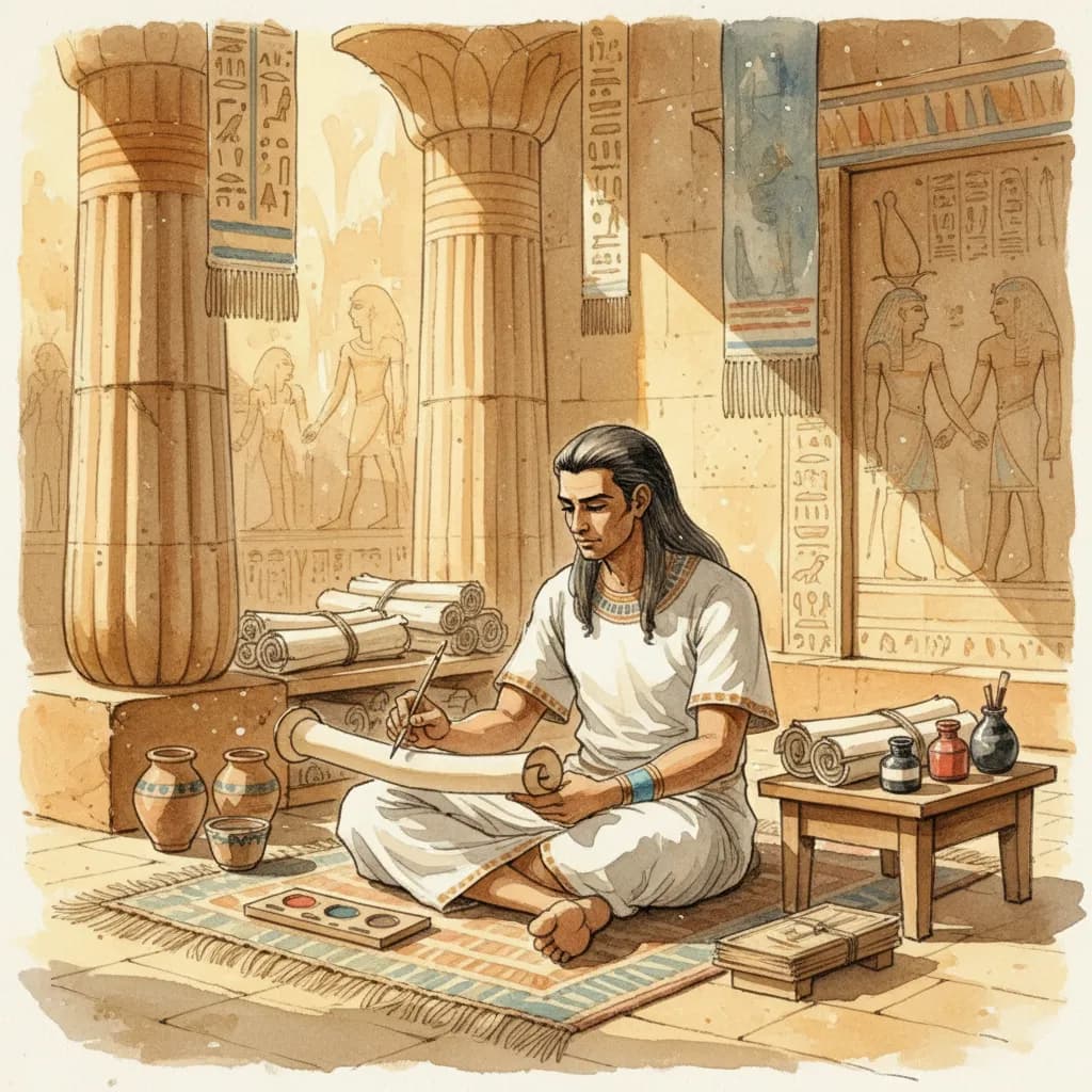 Ancient Egyptian scribe writing hieroglyphics on papyrus with reed pen and ink palette