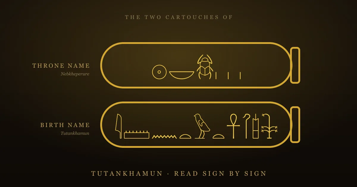 Tutankhamun's two cartouches in gold hieroglyphs on dark stone: the throne name Nebkheperure and the birth name Tutankhamun