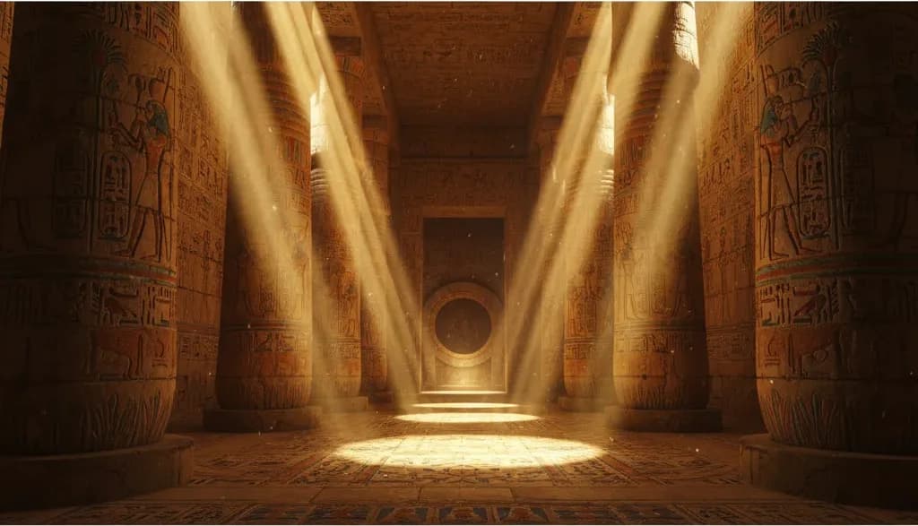 Sunlight streaming through ancient Egyptian temple columns illuminating hieroglyphic inscriptions on stone walls