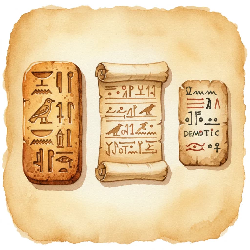 Comparison of ancient Egyptian writing systems showing hieroglyphics, hieratic, and demotic scripts side by side
