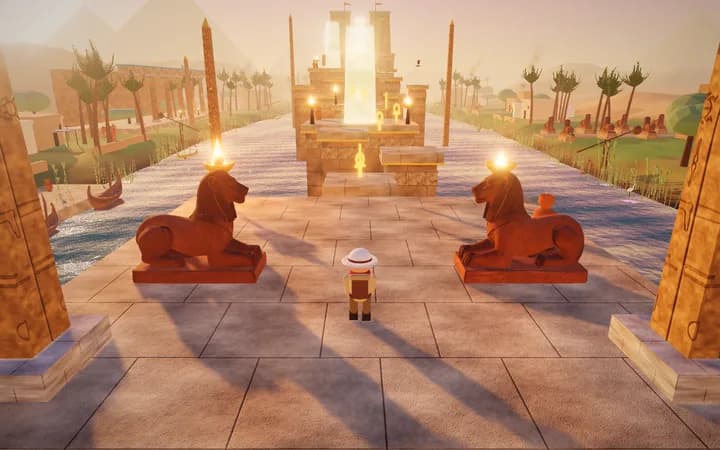 The Causeway of Thoth game: an explorer runs between two sphinxes, hops along stone pillars over the Nile and steps into a beam of light that shows a hieroglyph