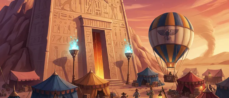 The dig site of Lesson 1: a sealed temple door carved with hieroglyphs at the foot of a cliff, with expedition tents and a hot-air balloon