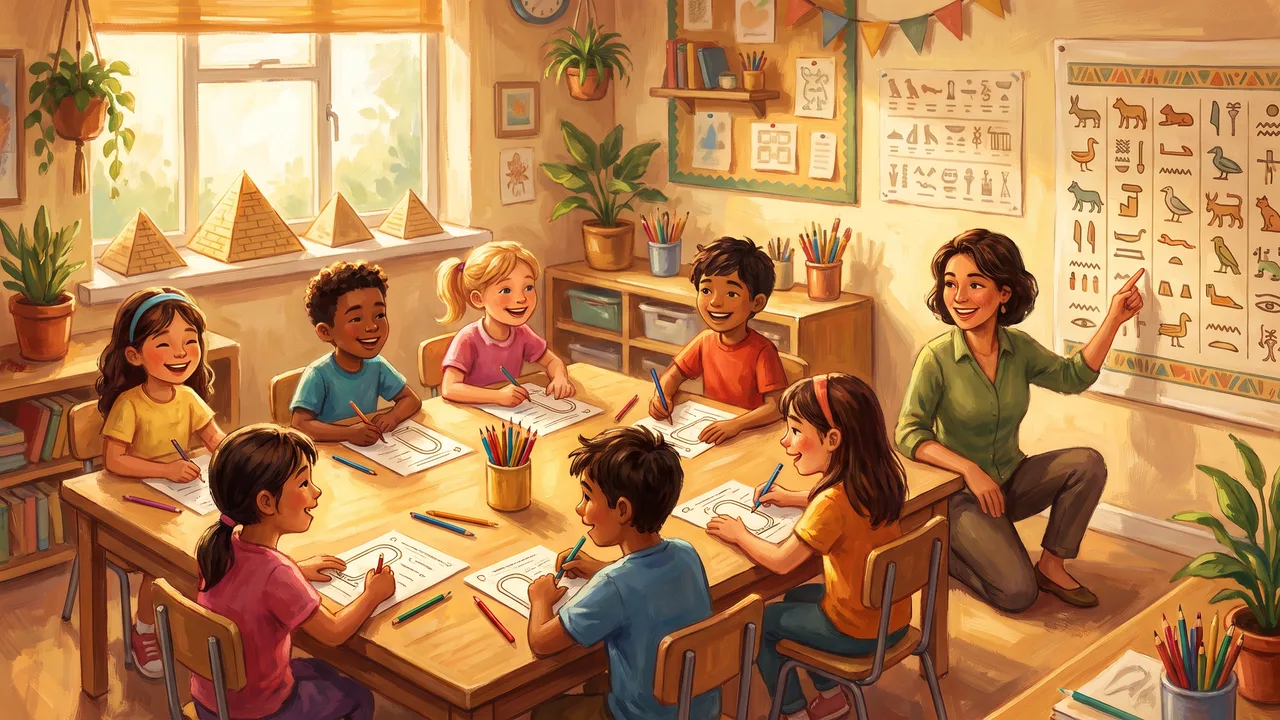 A primary school classroom with children colouring cartouches while a teacher points at a hieroglyph poster