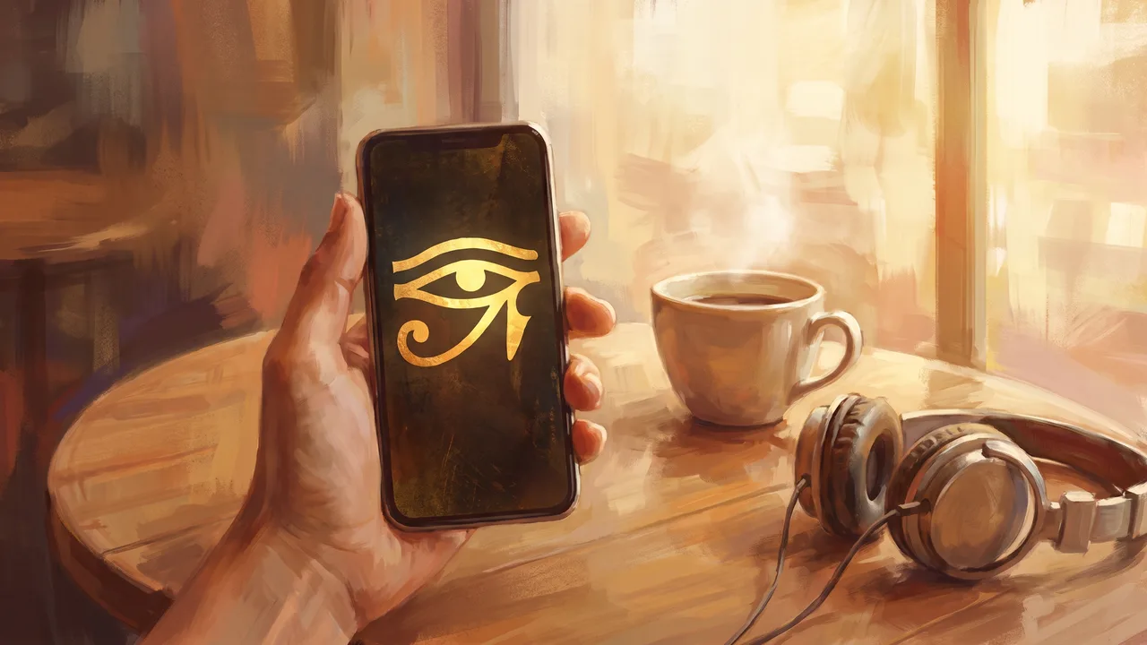 A hand holding a phone showing a hieroglyph flashcard at a cafรฉ table