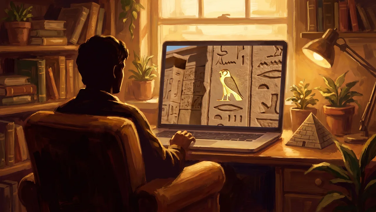 A learner at a laptop working through an interactive 3D temple-wall hieroglyph lesson